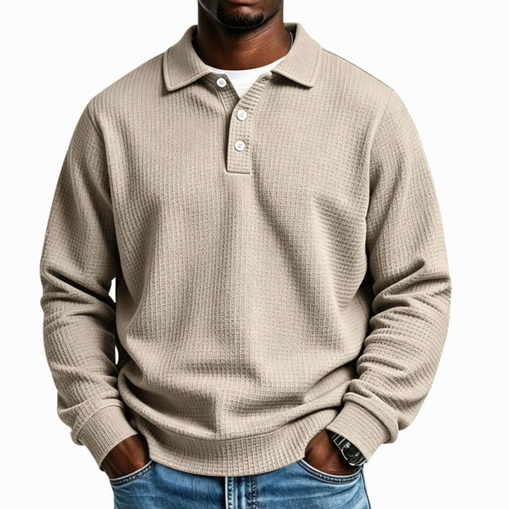 Men's Waffle Knit Long Sleeve Polo Shirt Relaxed-Fit Button Placket - Khaki