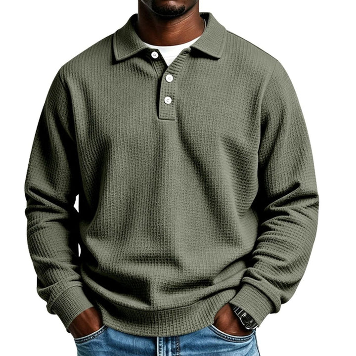 Men's Waffle Knit Long Sleeve Polo Shirt Relaxed-Fit Button Placket - Olive Green