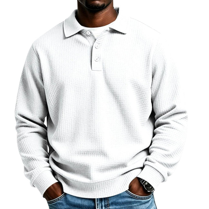 Men's Waffle Knit Long Sleeve Polo Shirt Relaxed-Fit Button Placket - White