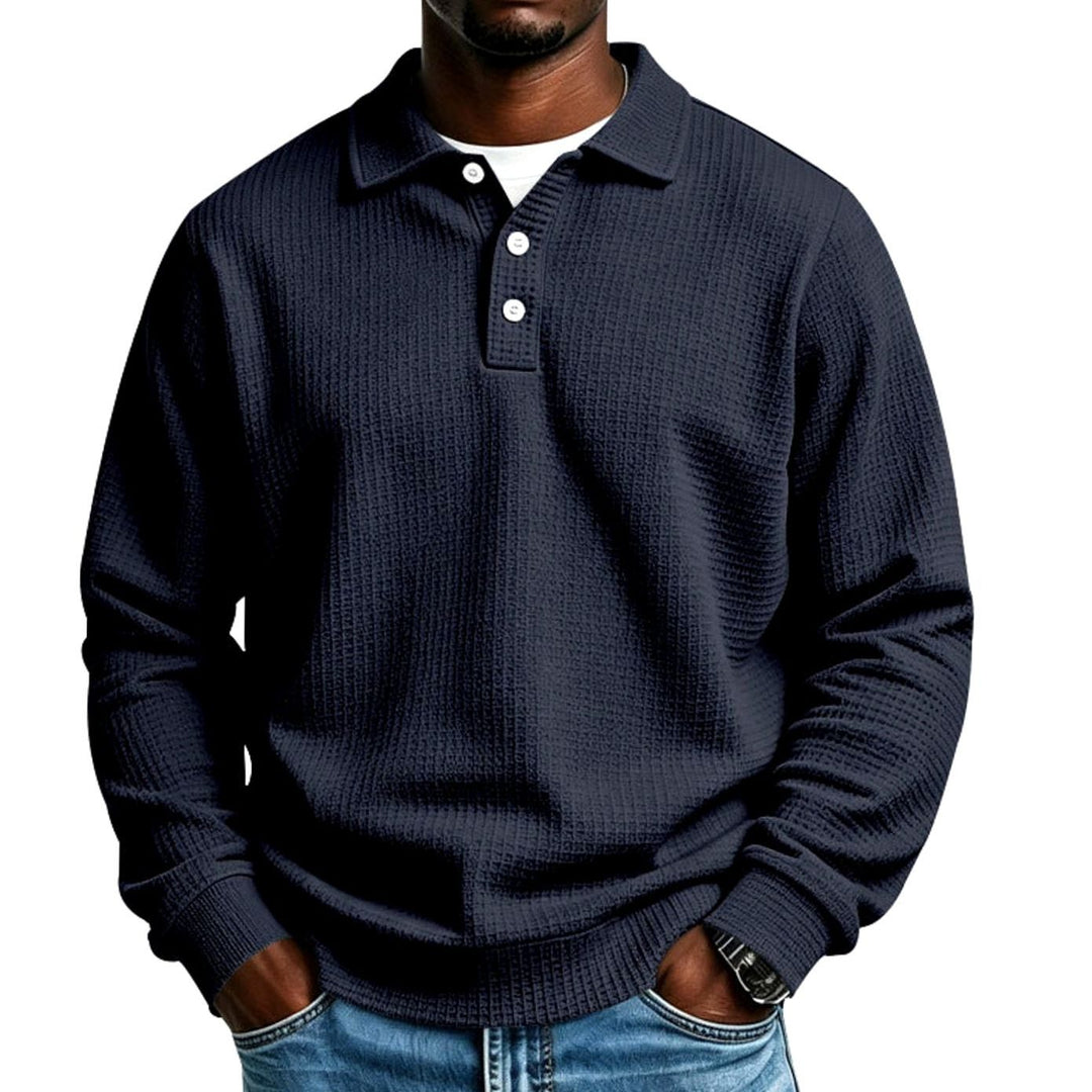 Men's Waffle Knit Long Sleeve Polo Shirt Relaxed-Fit Button Placket - Navy Blue