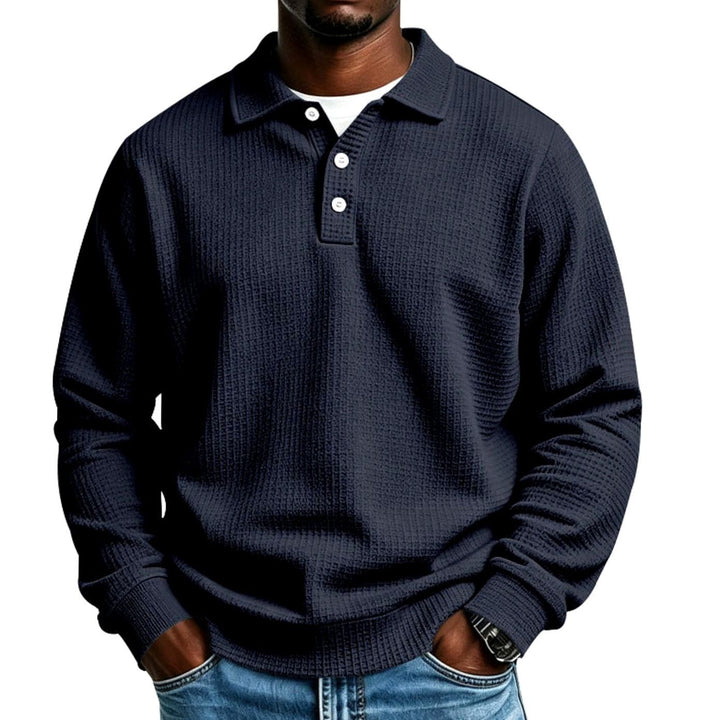 Men's Waffle Knit Long Sleeve Polo Shirt Relaxed-Fit Button Placket - Navy Blue