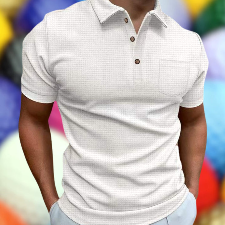 Men's Waffle Knit Loose-Fit Short-Sleeve Polo Shirt Chest Pocket