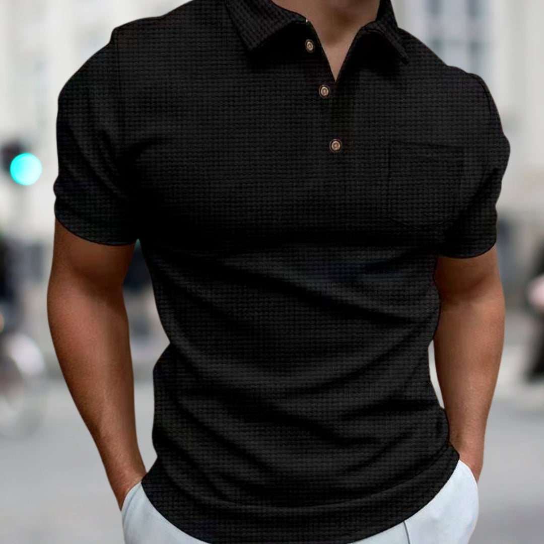 Men's Waffle Knit Loose-Fit Short-Sleeve Polo Shirt Chest Pocket - Black