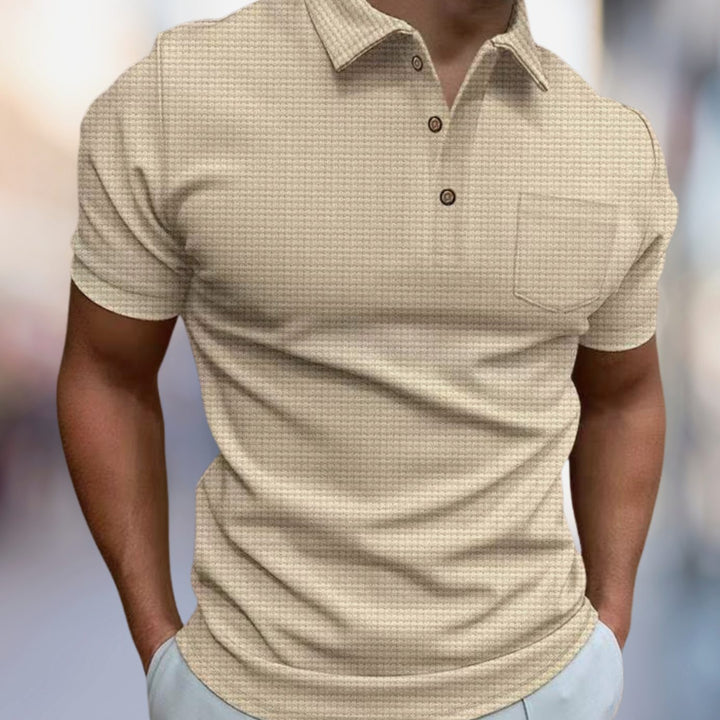 Men's Waffle Knit Loose-Fit Short-Sleeve Polo Shirt Chest Pocket