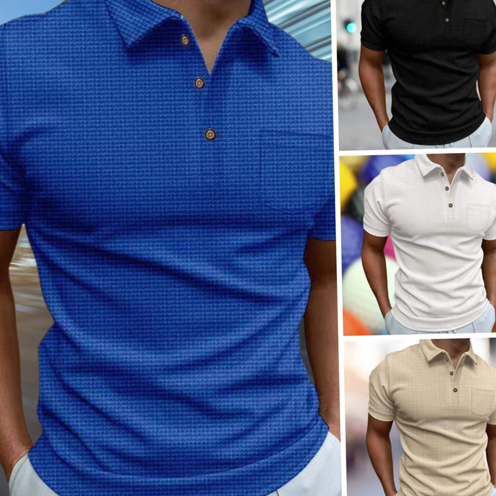 Men's Waffle Knit Loose-Fit Short-Sleeve Polo Shirt Chest Pocket