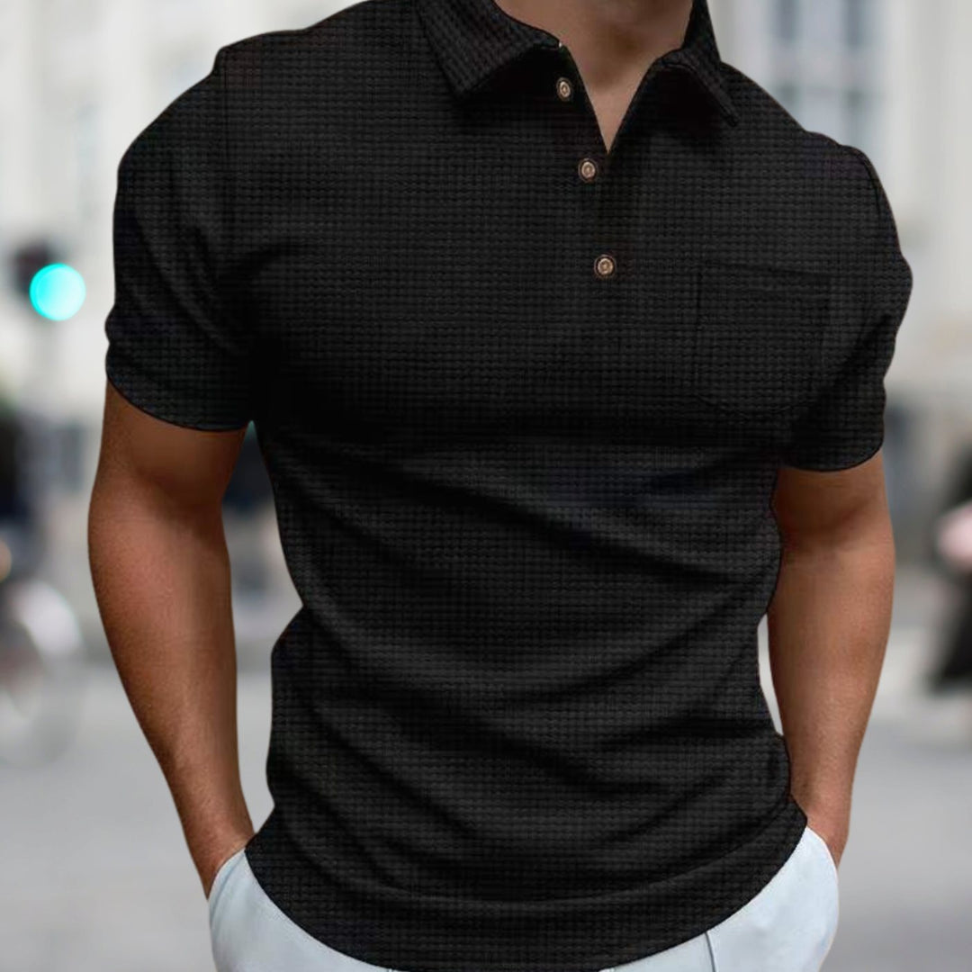 Men's Waffle Knit Loose-Fit Short-Sleeve Polo Shirt Chest Pocket