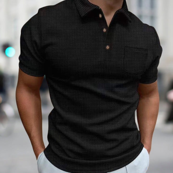 Men's Waffle Knit Loose-Fit Short-Sleeve Polo Shirt Chest Pocket