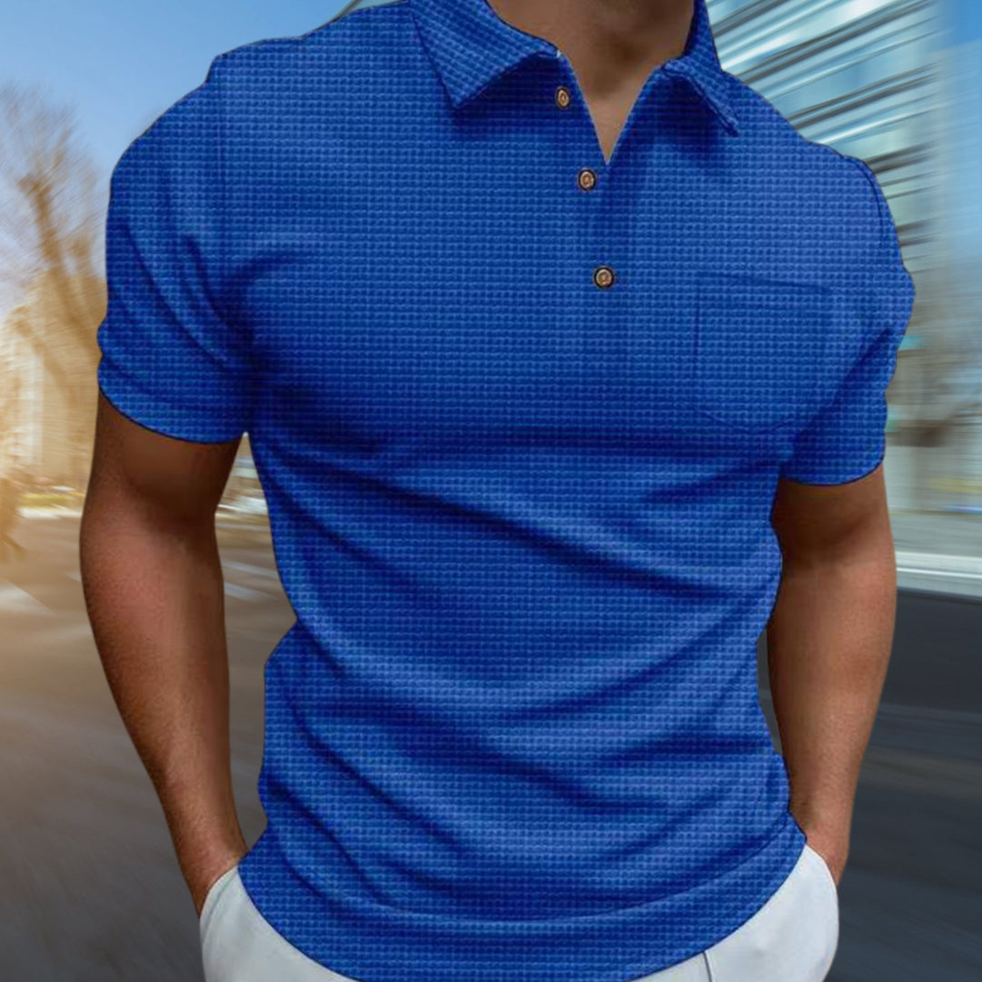 Men's Waffle Knit Loose-Fit Short-Sleeve Polo Shirt Chest Pocket - Blue