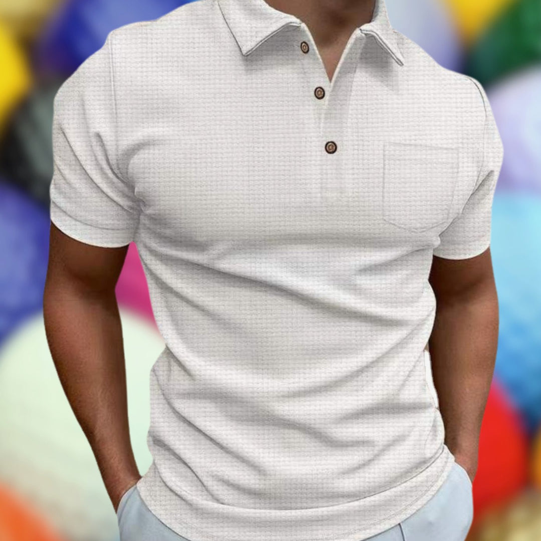 Men's Waffle Knit Loose-Fit Short-Sleeve Polo Shirt Chest Pocket - White