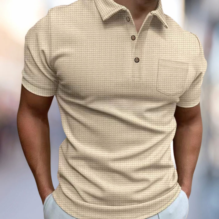 Men's Waffle Knit Loose-Fit Short-Sleeve Polo Shirt Chest Pocket - Khaki