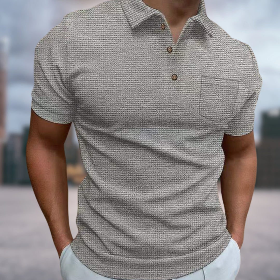 Men's Waffle Knit Loose-Fit Short-Sleeve Polo Shirt Chest Pocket - Gray