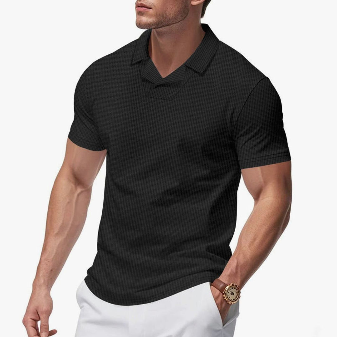 Men's Waffle-Knit Short-Sleeve V-Neck Polo Shirt - Black