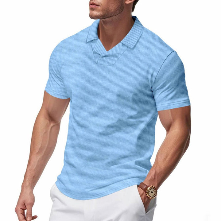 Men's Waffle-Knit Short-Sleeve V-Neck Polo Shirt - Light Blue