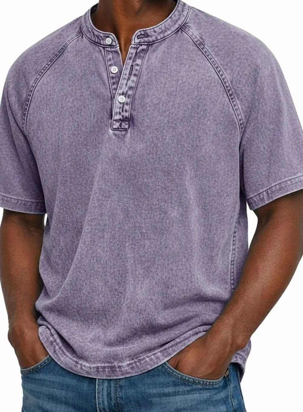 Men's Washed Short Sleeve Henley Shirt Raglan Casual Tee - Purple