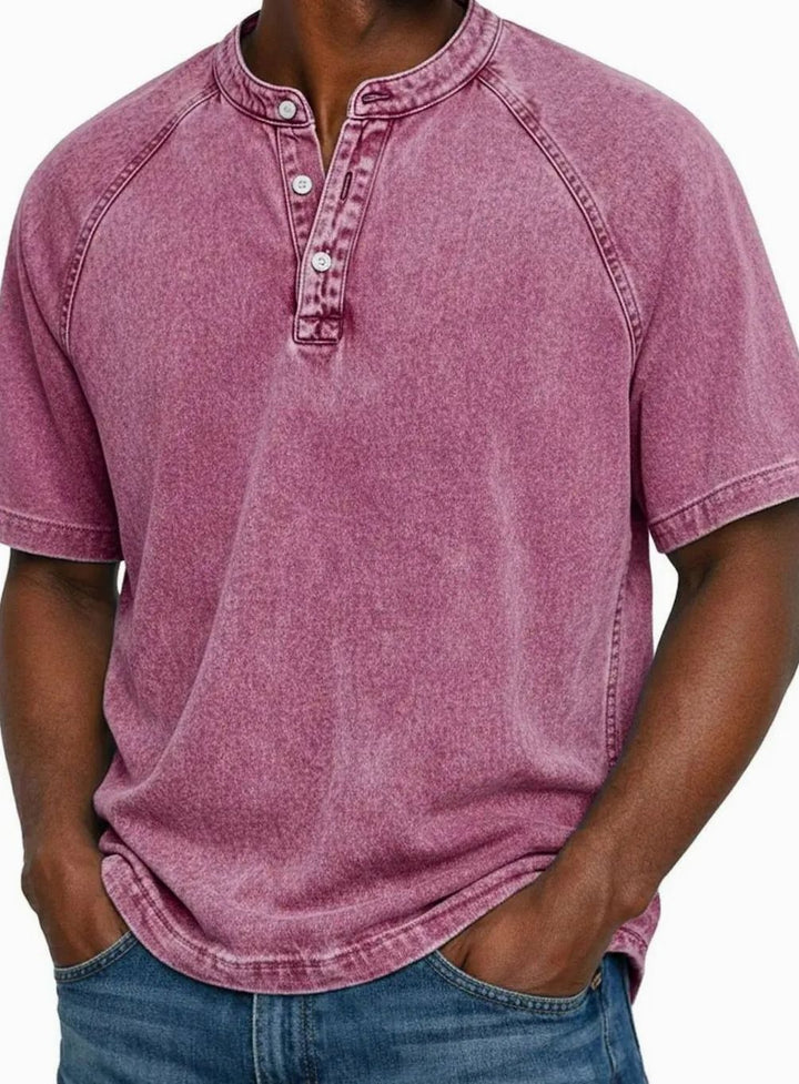 Men's Washed Short Sleeve Henley Shirt Raglan Casual Tee - Pink