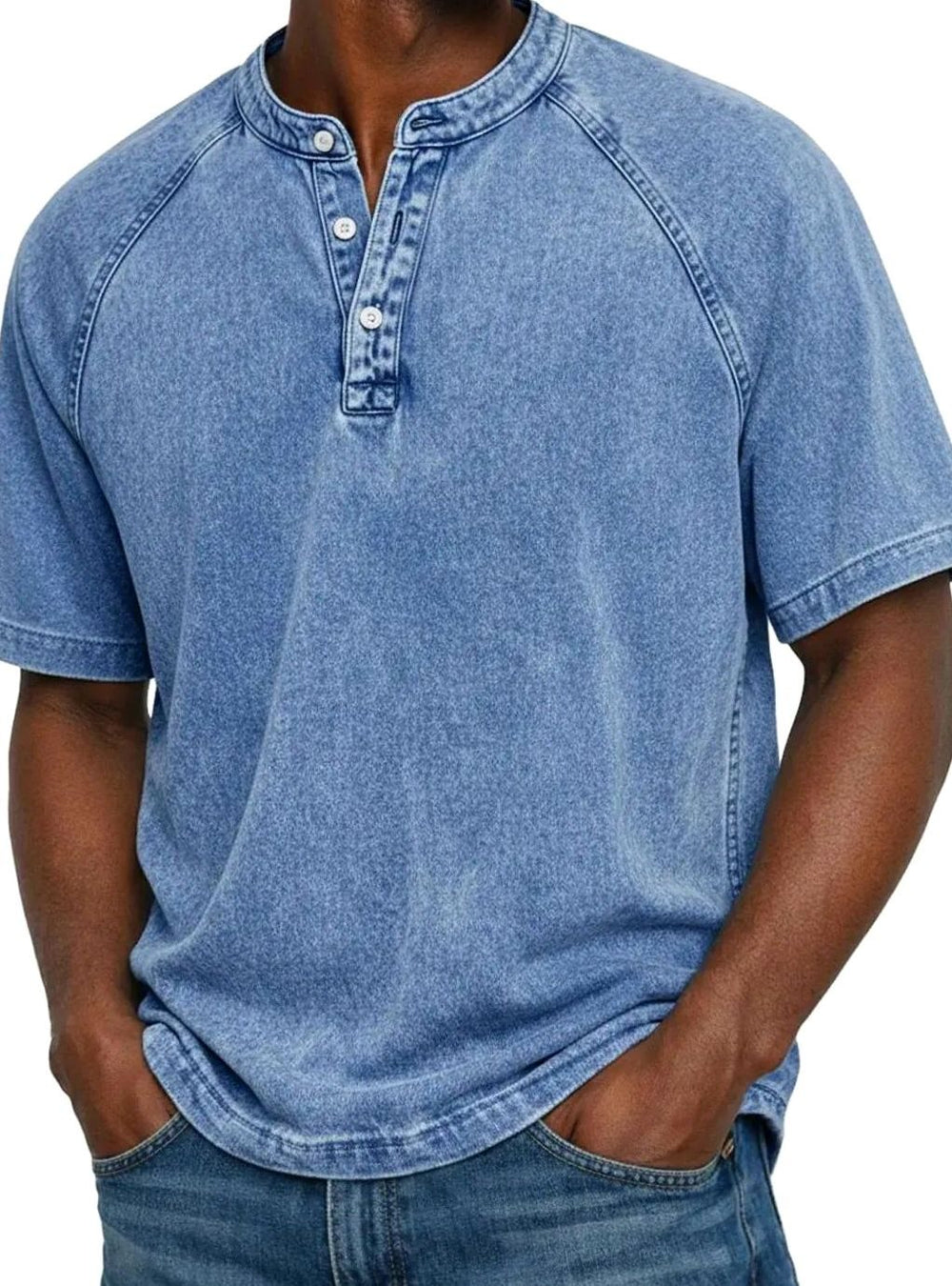 Men's Washed Short Sleeve Henley Shirt Raglan Casual Tee - Blue