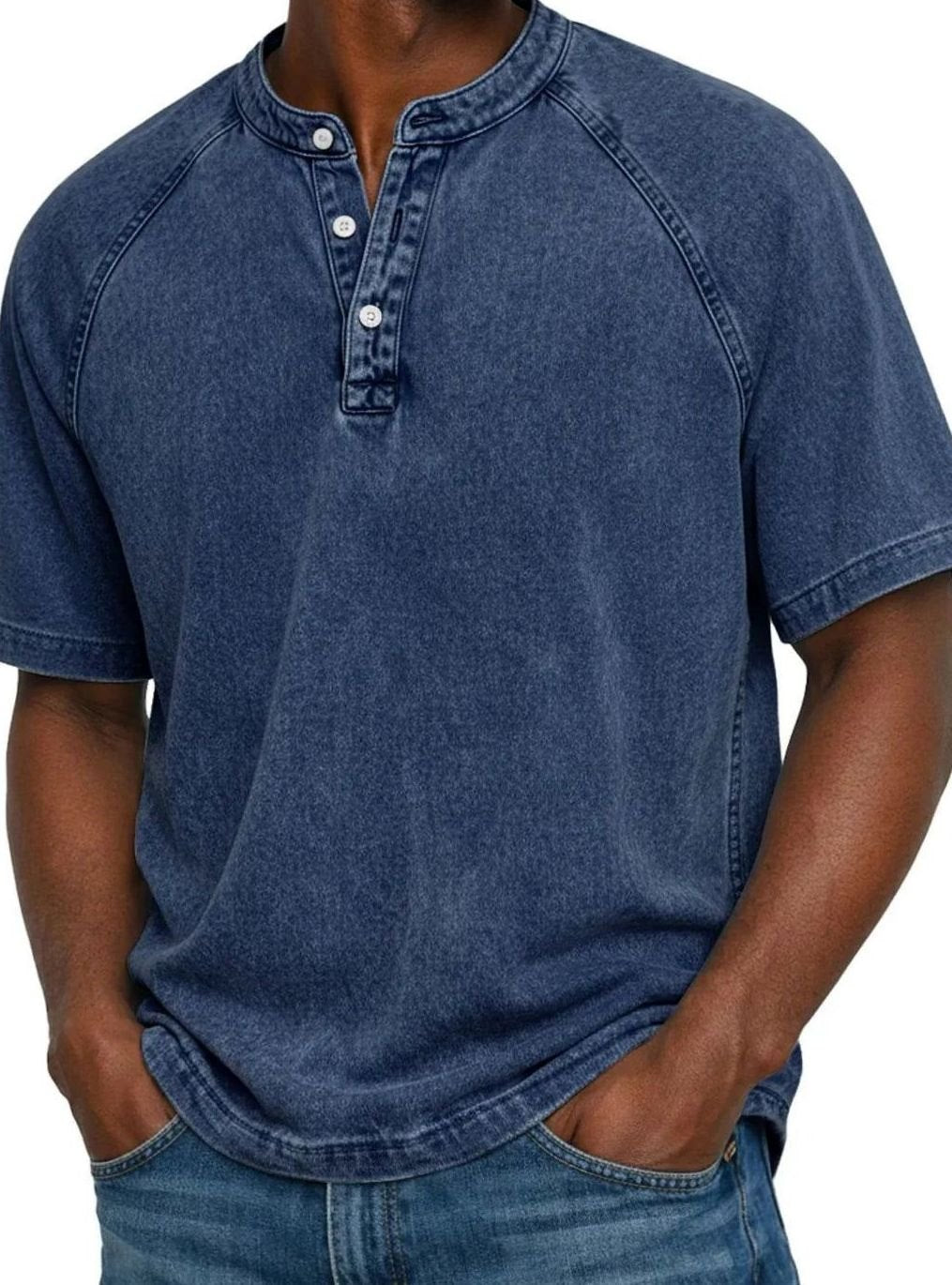 Men's Washed Short Sleeve Henley Shirt Raglan Casual Tee - Dark Blue