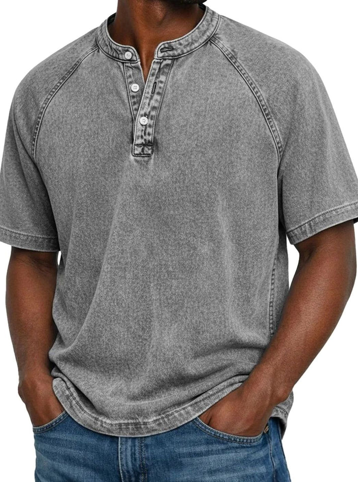 Men's Washed Short Sleeve Henley Shirt Raglan Casual Tee - Grey