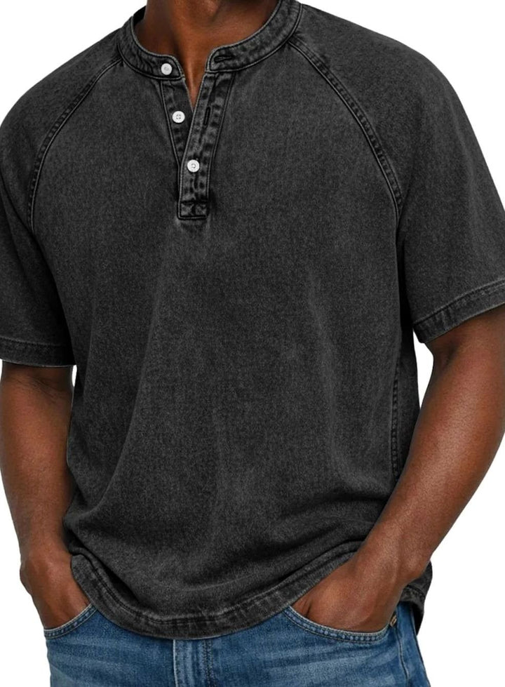 Men's Washed Short Sleeve Henley Shirt Raglan Casual Tee - Black