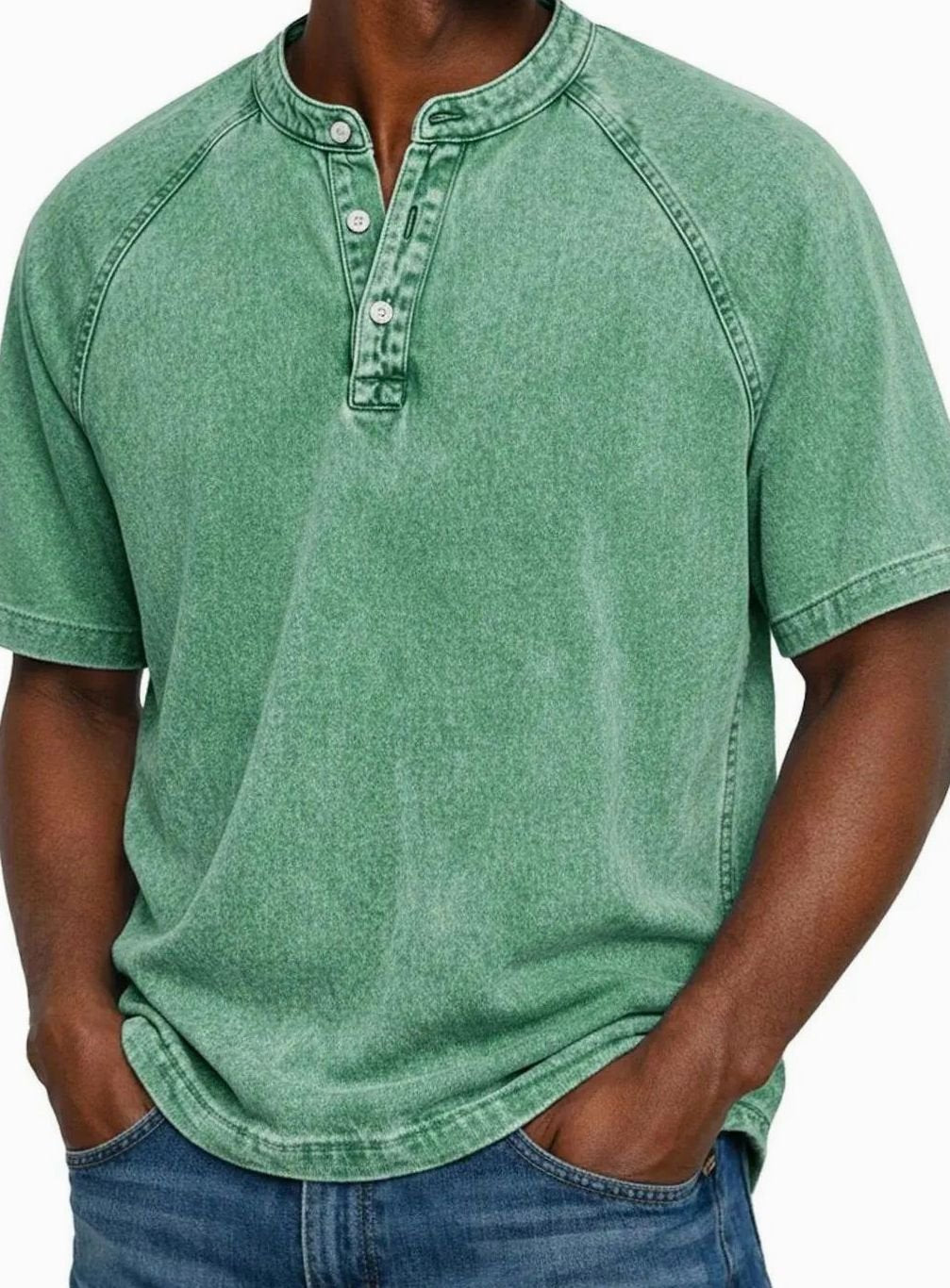 Men's Washed Short Sleeve Henley Shirt Raglan Casual Tee - Green