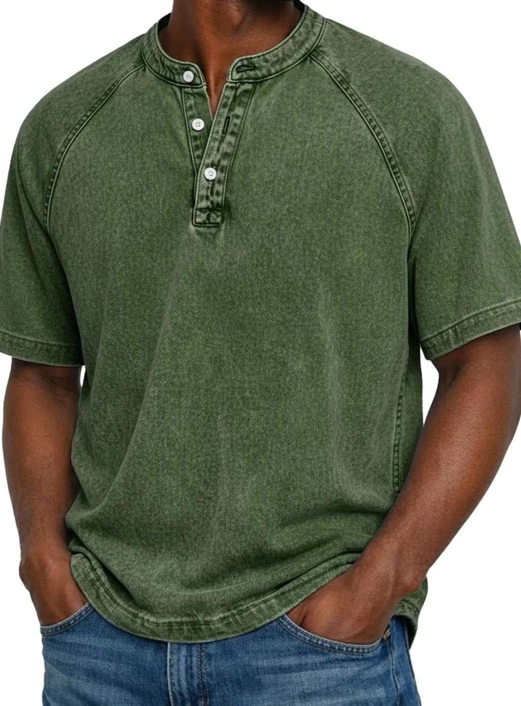 Men's Washed Short Sleeve Henley Shirt Raglan Casual Tee - Dark Green