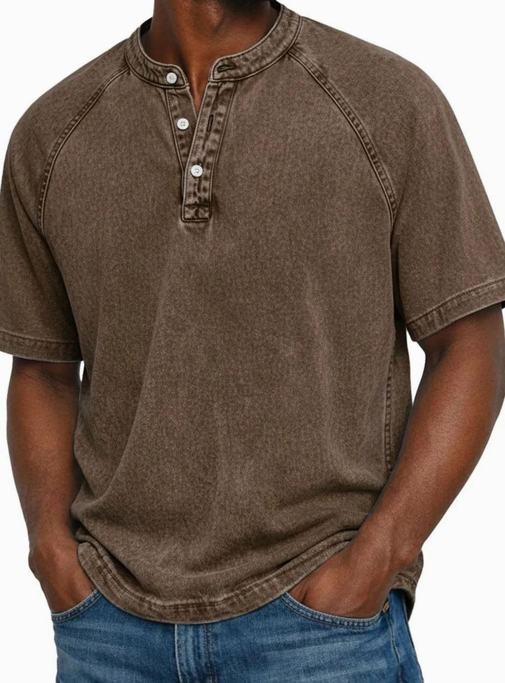 Men's Washed Short Sleeve Henley Shirt Raglan Casual Tee - Brown