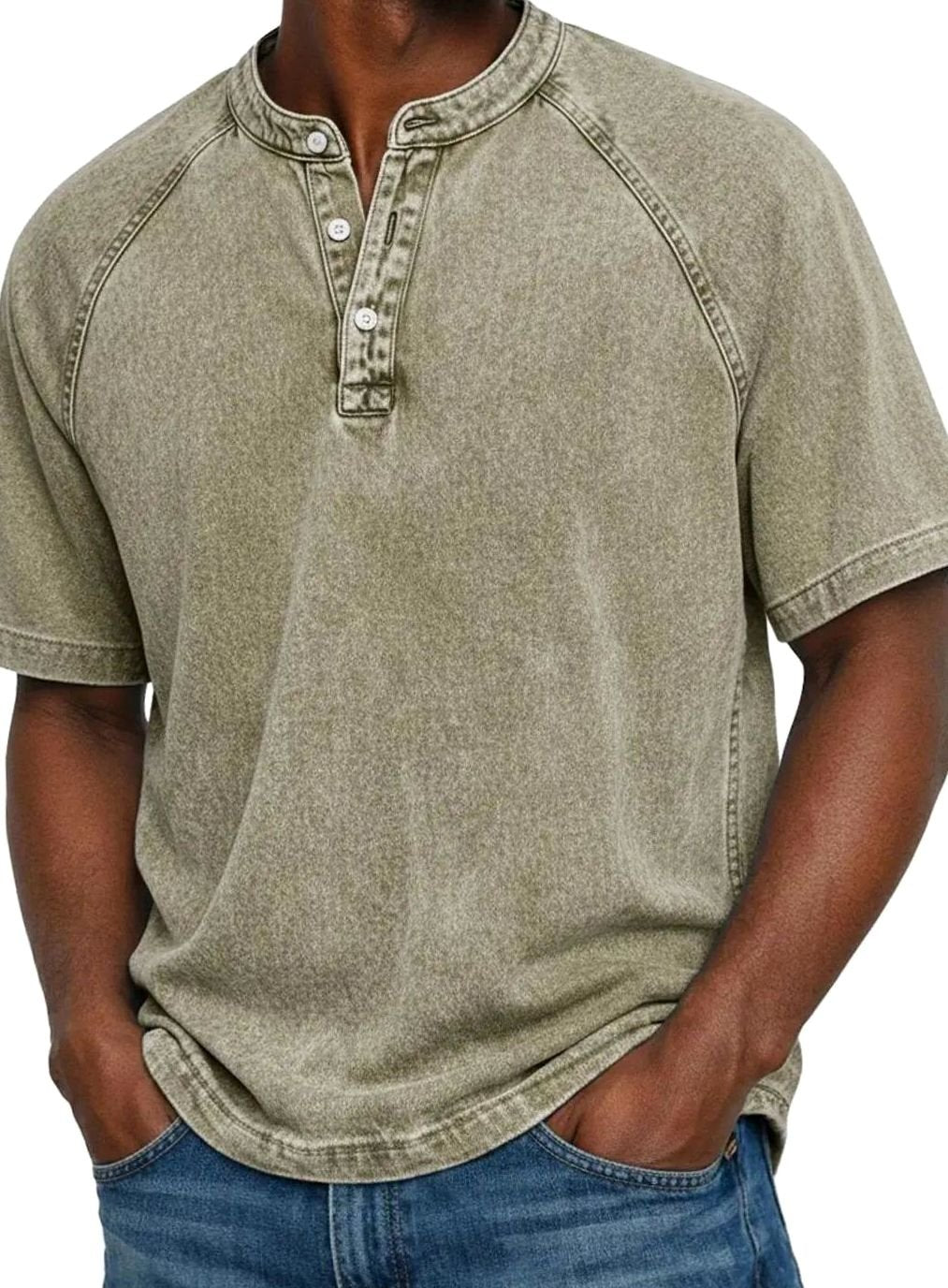 Men's Washed Short Sleeve Henley Shirt Raglan Casual Tee - Khaki