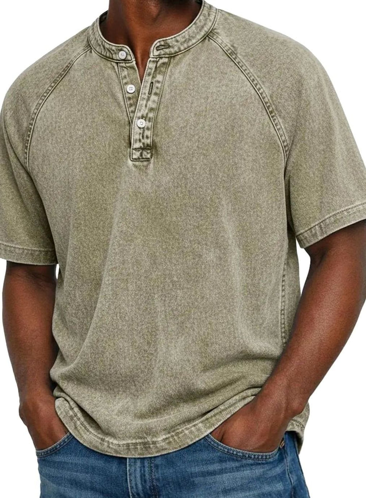 Men's Washed Short Sleeve Henley Shirt Raglan Casual Tee - Khaki