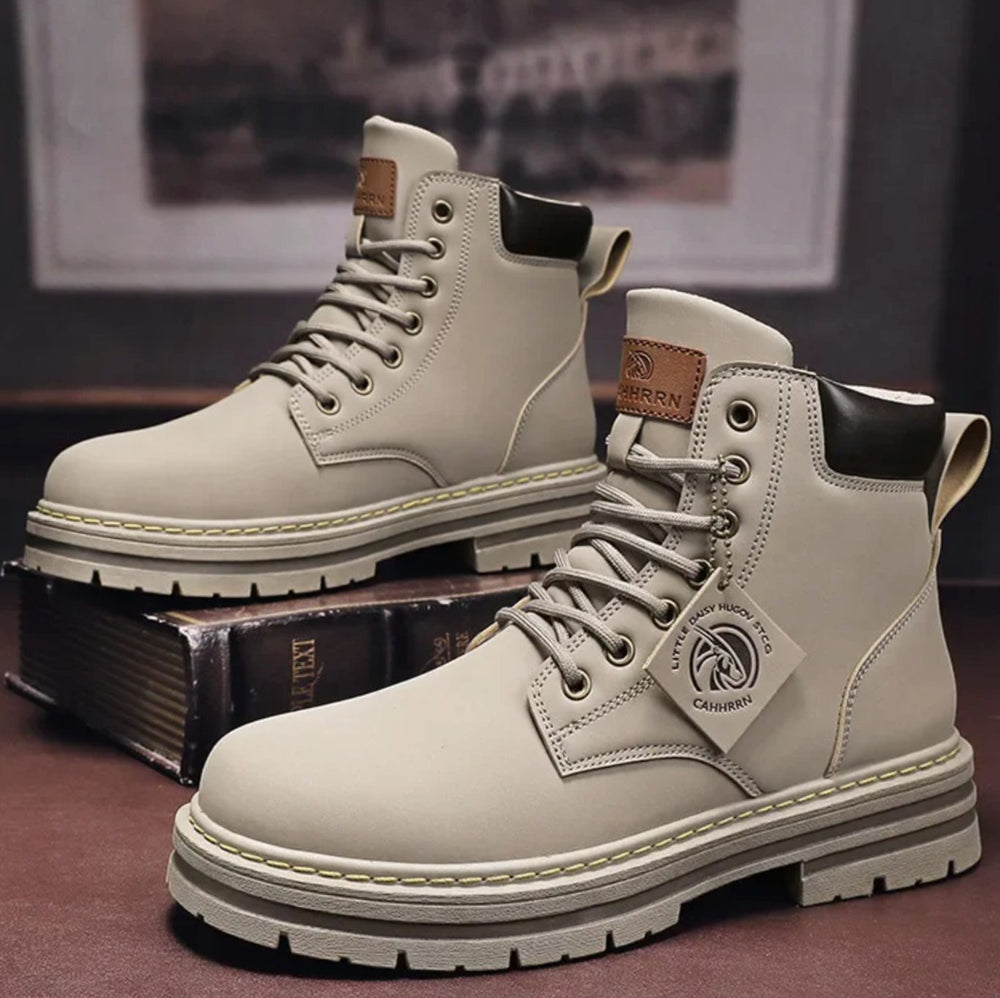 Men's Water-Repellent Lace-Up Leather Combat Ankle Boots - Gray