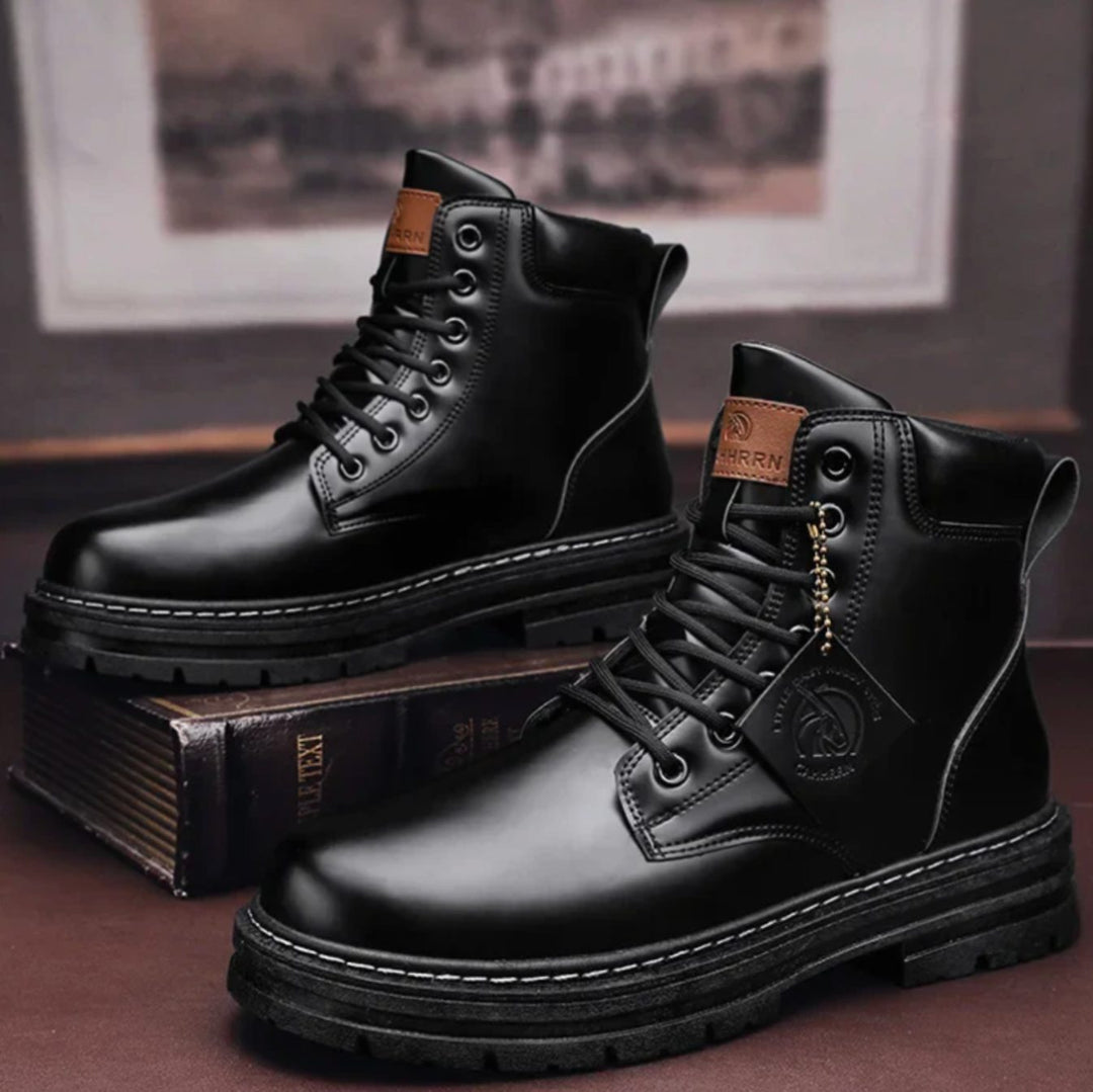 Men's Water-Repellent Lace-Up Leather Combat Ankle Boots - Black