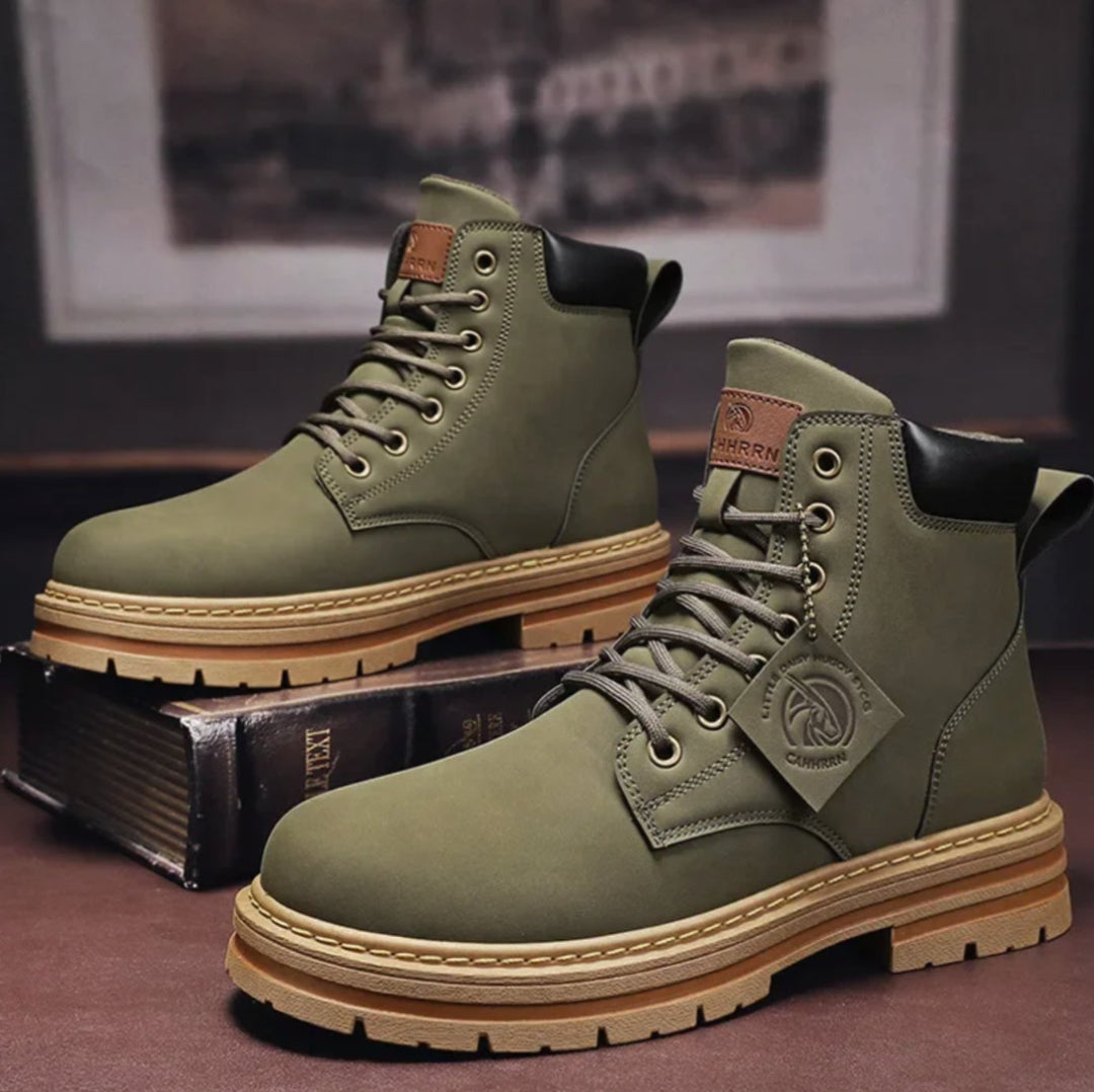 Men's Water-Repellent Lace-Up Leather Combat Ankle Boots - Green