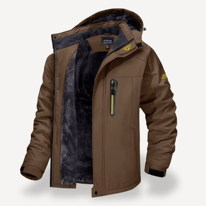 Men's Waterproof Fleece-Lined Hooded Winter Jacket - Brown