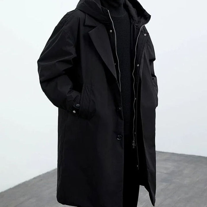 Men's Waterproof Hooded Insulated Puffer Trench Coat - Black