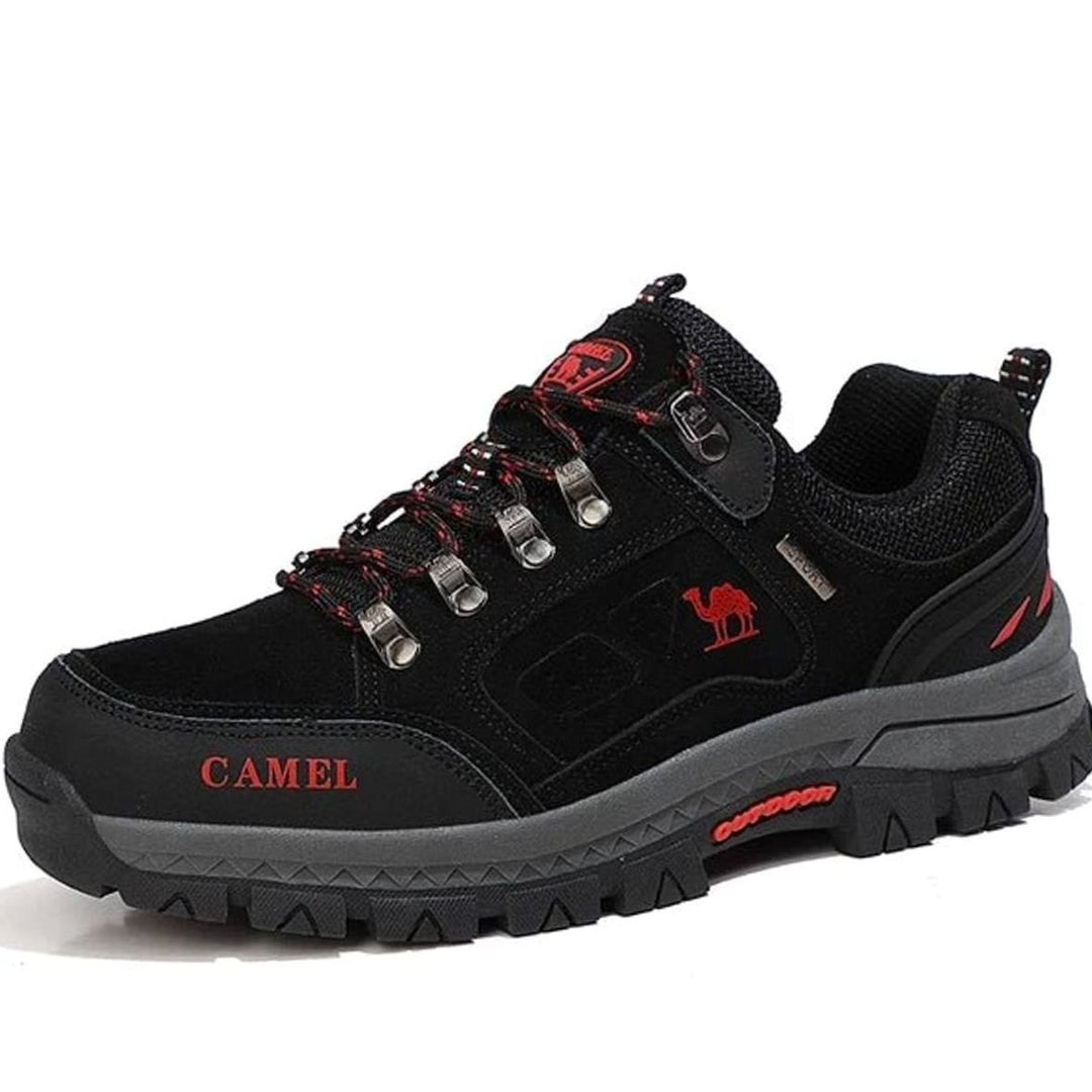 Men's Waterproof Low-Cut Suede Hiking Shoes Outdoor Trail Sneakers - Black Red