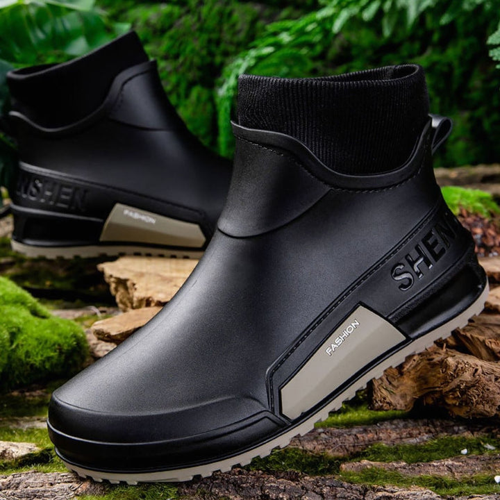 Men's Waterproof Rubber Slip-On Chelsea Ankle Boots Non-Slip Sole - Black-Gray with Fleece Lining