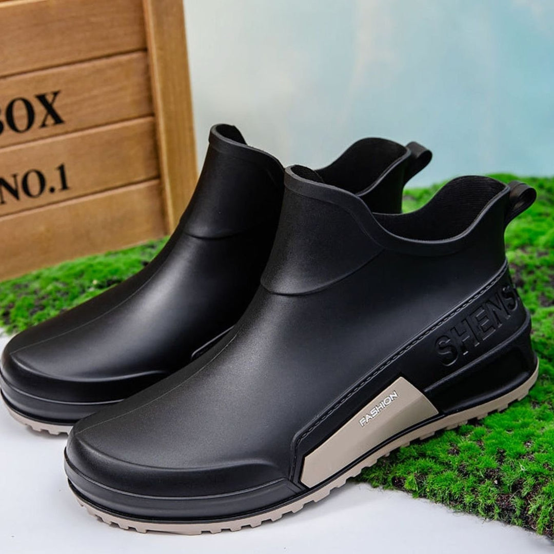 Men's Waterproof Rubber Slip-On Chelsea Ankle Boots Non-Slip Sole - Black-Gray (Single Shoe)