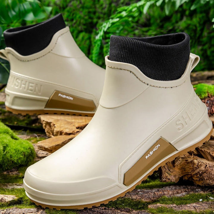 Men's Waterproof Rubber Slip-On Chelsea Ankle Boots Non-Slip Sole - Beige with Fleece Lining