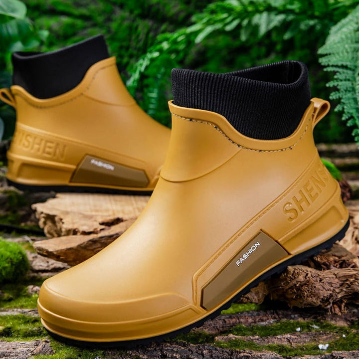Men's Waterproof Rubber Slip-On Chelsea Ankle Boots Non-Slip Sole - Yellow with Fleece Lining