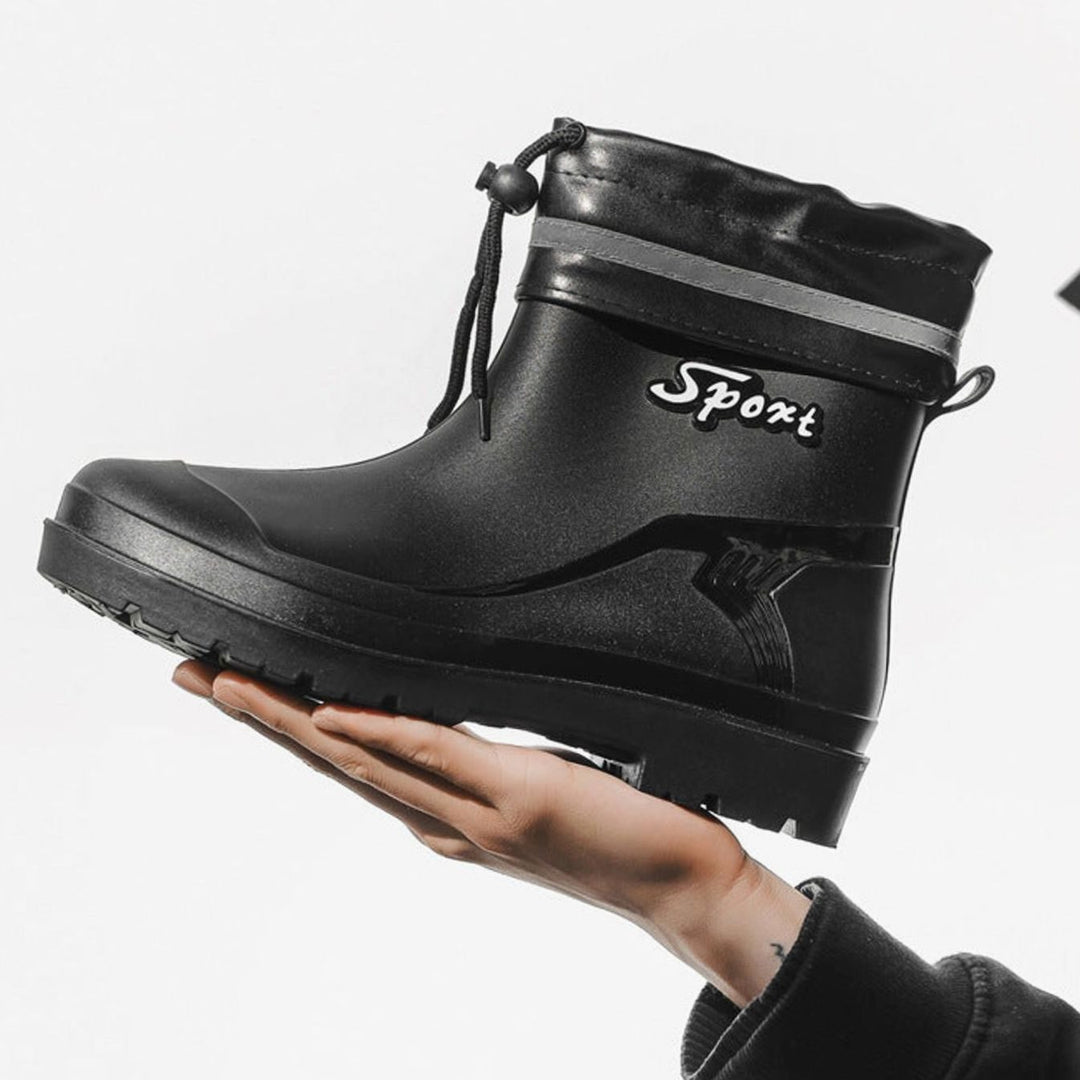 Men's Waterproof Short Rain Boots Drawstring Ankle Rubber - Black (with Drawstring)
