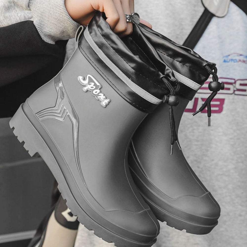 Men's Waterproof Short Rain Boots Drawstring Ankle Rubber