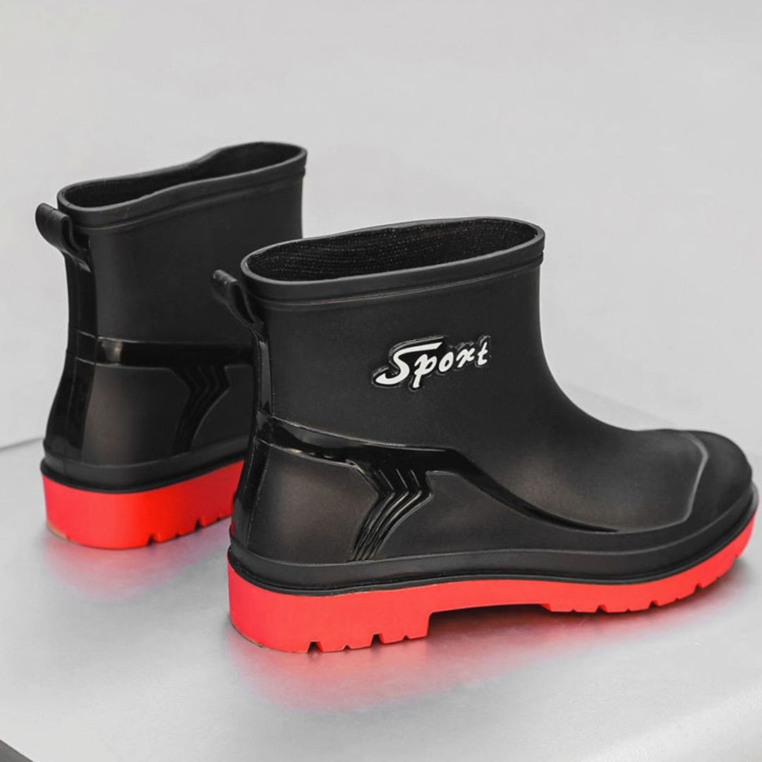 Men's Waterproof Short Rain Boots Drawstring Ankle Rubber - Black-Red (Single Shoe)