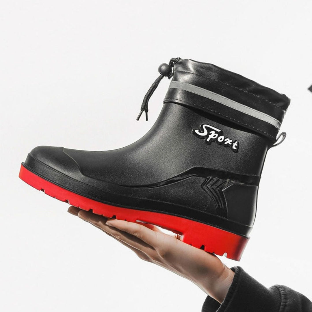 Men's Waterproof Short Rain Boots Drawstring Ankle Rubber - Black-Red (with Drawstring)