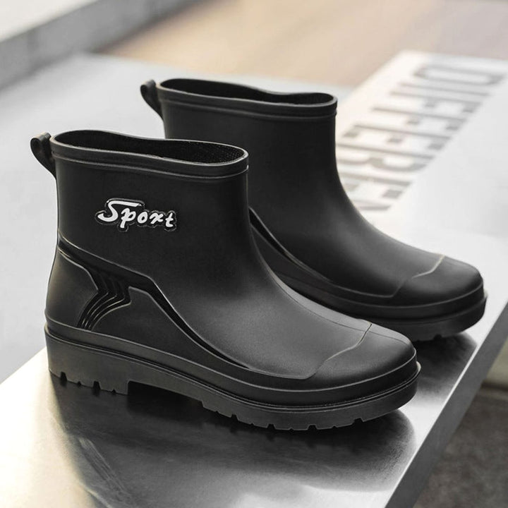 Men's Waterproof Short Rain Boots Drawstring Ankle Rubber - Black (Single Shoe)
