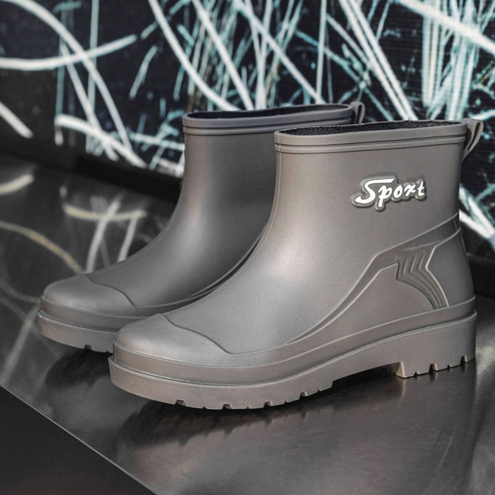 Men's Waterproof Short Rain Boots Drawstring Ankle Rubber - Gray (Low-Cut)