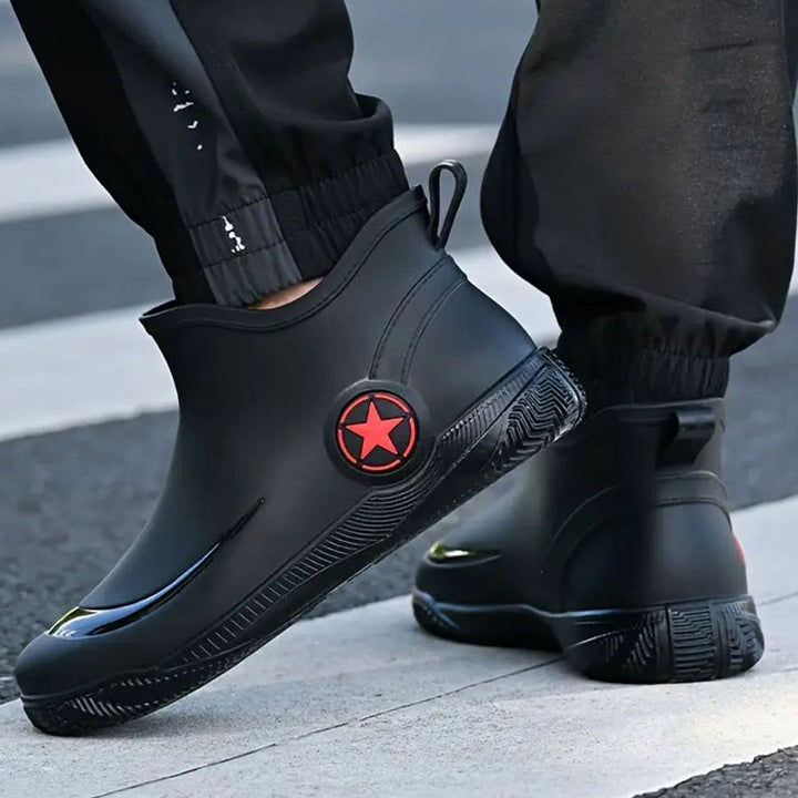 Men's Waterproof Slip-On Ankle Rain Boots Non-Slip Rubber - Black