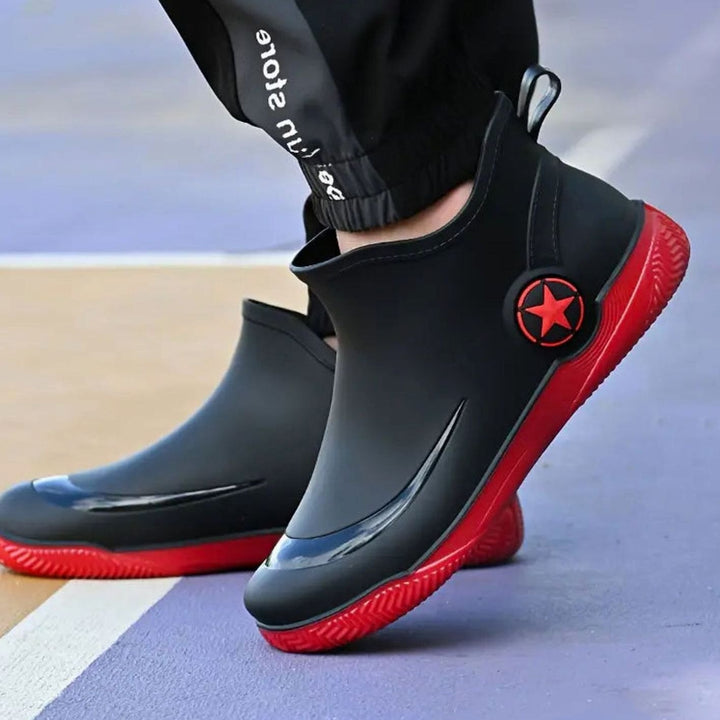 Men's Waterproof Slip-On Ankle Rain Boots Non-Slip Rubber - Red