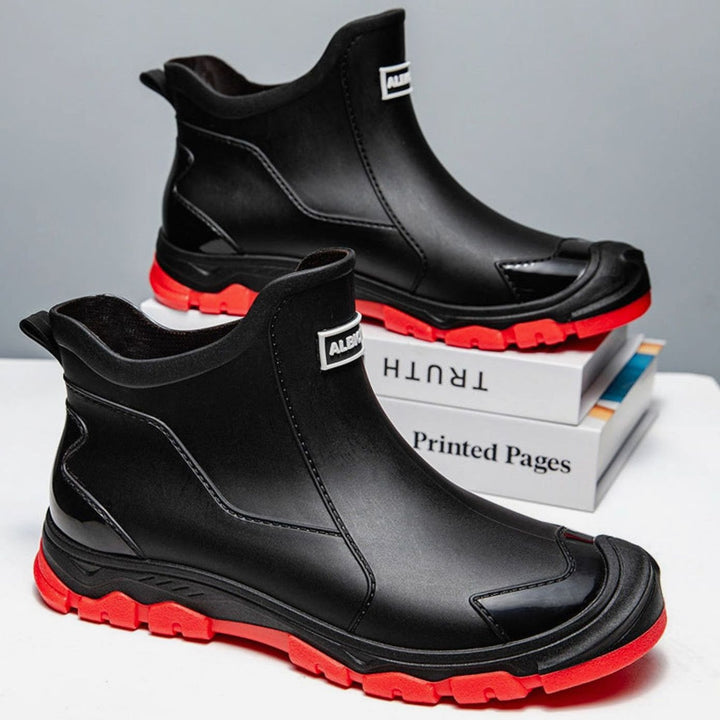 Men's Waterproof Slip-On Ankle Rain Boots Reinforced Toe - Black-Red