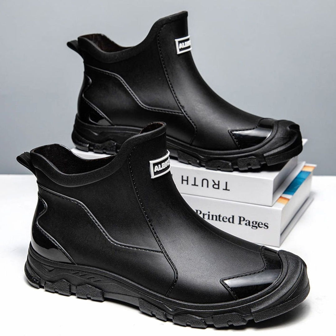 Men's Waterproof Slip-On Ankle Rain Boots Reinforced Toe - Black