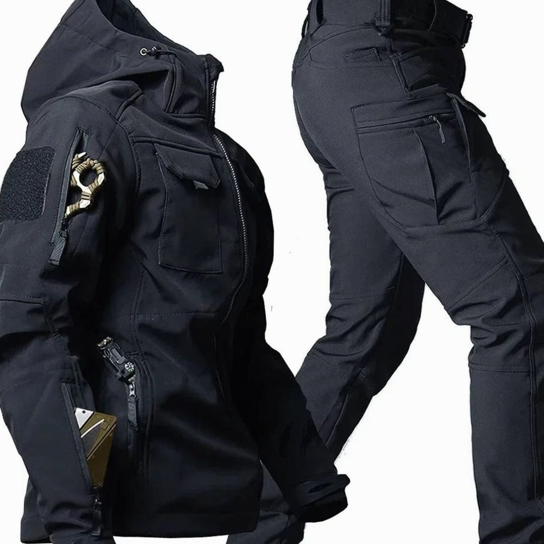 Men's Waterproof Thermal Hooded Tactical Jacket Pants Set - Black 2-Piece Set