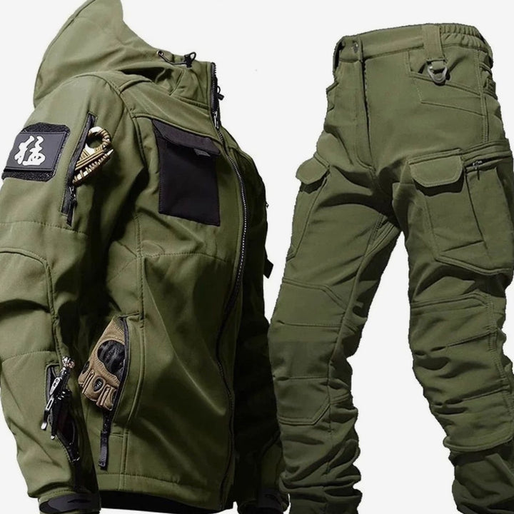 Men's Waterproof Thermal Hooded Tactical Jacket Pants Set - Green 2-Piece Set